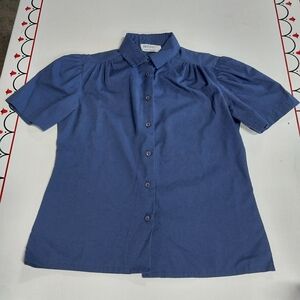 Vintage Judy Bond Petites Blue Short Sleeve Button-Up Blouse